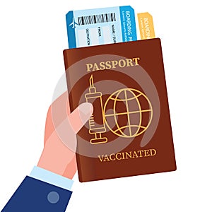 Vector passport vaccinated with tickets. Air travel concept. Flat Design citizenship ID for traveler isolated. red international