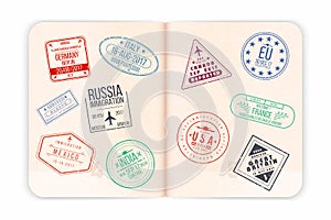 Vector passport with visa stamps. Open passport pages