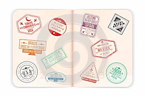Vector passport with visa stamps. Open passport pages
