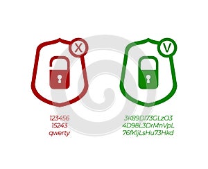 Vector Password Management Icons, Weak and Strong Passwords, Green and Red Signs.