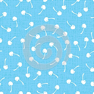 Vector pastel blue seamless pattern with cherries and light canvas texture. Perfect for fabric, scrapbooking and wallpaper