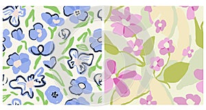 Vector pastel color flower illustration seamless repeat pattern 2 design set
