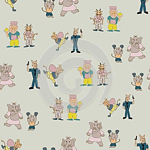 Vector pastel green fun anthromorph cartoon characters in pair seamless pattern background