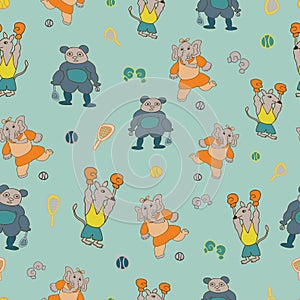 Vector pastel green sporty anthromorphic characters repeat pattern background