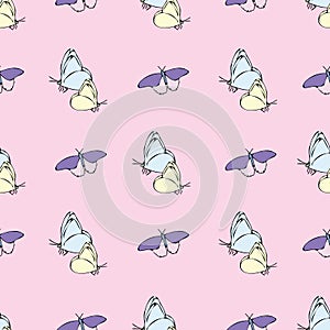 Vector pastel pink white background butterfly seamless pattern. butterflies. Seamless pattern background