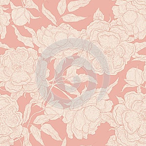 Vector pastel seamless pattern of paeony flowers on a pink background. Blooming peony with an open and a closed bud photo