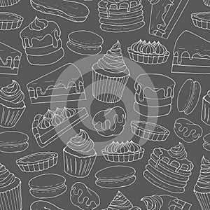 Vector pastry pattern with line art of cakes, pies, muffins, pan