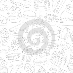 Vector pastry repeat pattern with cakes, pies, muffins, pancakes