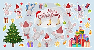 Vector patch badges with Christmas mice and New Year decorations. Stickers collection, Christmas tree, cute rats, gifts