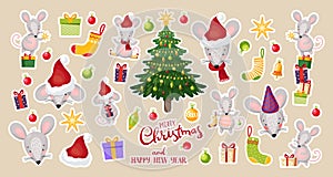 Vector patch badges with Christmas mice and New Year decorations. Stickers collection, Christmas tree, cute rats, gifts