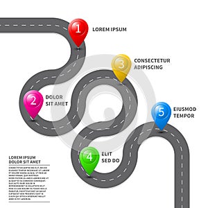 Vector pathway road map with GPS route pin icon