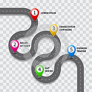 Vector pathway road map with GPS route pin icon