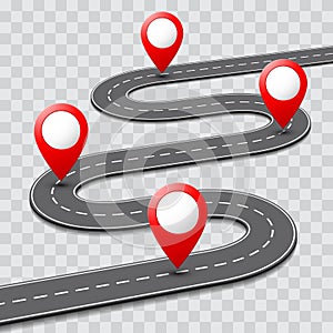 Vector pathway road map with GPS route pin icon