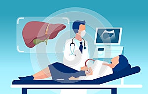 Vector of a patient in a clinic getting ultrasonography exam of the liver