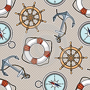 Vector pattern with anchors, lifebuoies, ships wheels, compasses