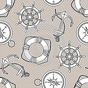 Vector pattern with anchors, lifebuoies, ships wheels, compasses