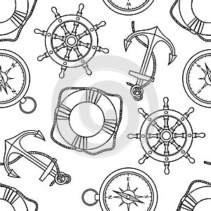 Vector pattern with anchors, lifebuoies, ships wheels, compasses