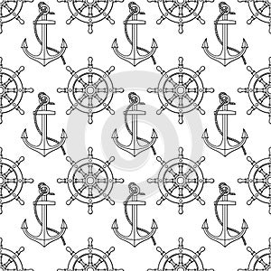 Vector pattern with anchors, lifebuoies, ships wheels, compasses