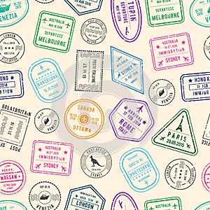 Vector pattern or background illustration with post and immigration stamps from different countries