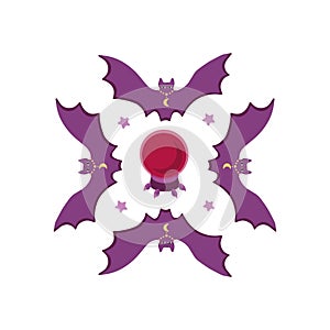 Vector pattern of bats, crystal magic ball and stars. Magic print for printing..Cartoon flat style in violet and red