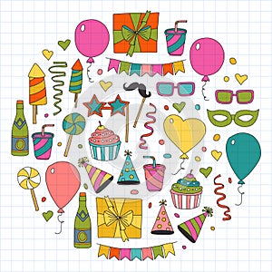 Vector pattern with bithday icons. Holiday and celebration.