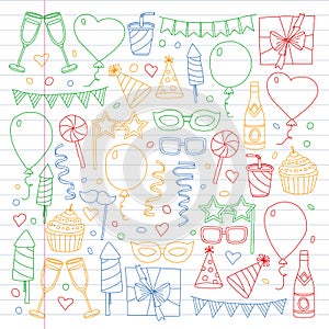 Vector pattern with bithday icons. Holiday and celebration.