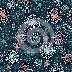 Vector pattern on a blue background, made of frosty snowflakes, multicolored