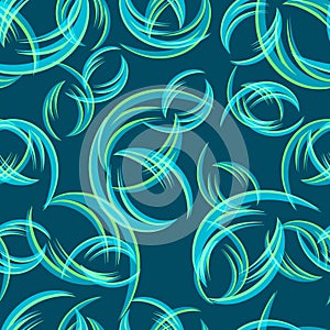 Vector pattern of blue and yellow curls on azure background.