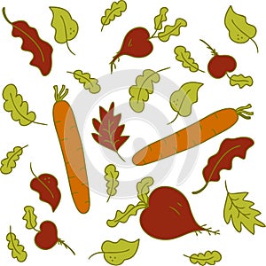 Vector pattern in bright summer colors, vegetables (beets and carrots) and leaves