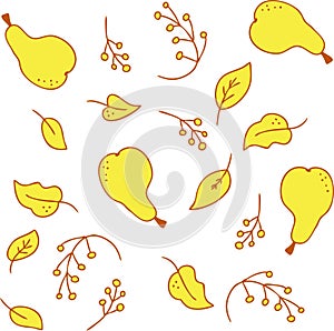 Vector pattern of bright yellow juicy pears, leaves and red branches of berries