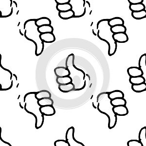 Vector pattern of a cartoon hand with a raised finger.Seamless pattern of a hand-drawn black outline of a hand with a raised thumb