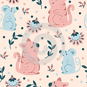 Vector pattern with cat, mouse, flowers and leaves in folk cartoon style