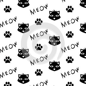 Vector pattern with cat, paw prints and meow word. Printable, monochrome background