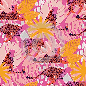 Vector pattern of cheetahs surrounded by exotic plants