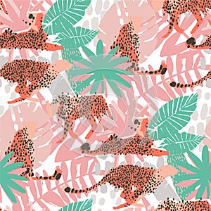 Vector pattern of cheetahs surrounded by exotic plants