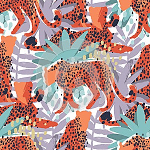 Vector pattern of cheetahs surrounded by exotic plants