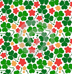 Vector pattern with clovers, trefoils. St. Patrick`s day texture. Decorative floral background with flowers.