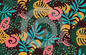 Vector pattern with colored tropical leaves