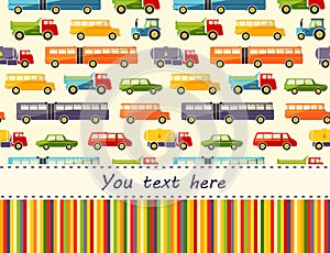 Vector pattern with colorful flat car icons and place for text.