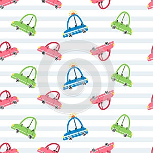 Vector pattern. Cute cars and gray stripes.