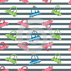 Vector pattern. Cute cars and gray stripes.