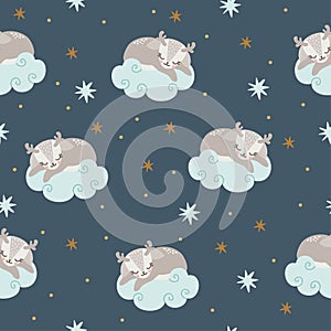 Vector pattern. Cute stag, roe, doe, deer sleeping on the moon. Night sky and stars