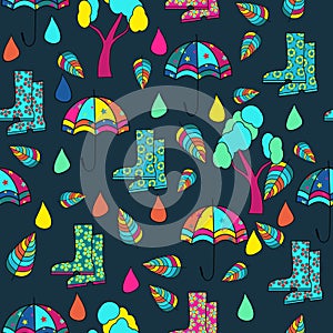 Vector pattern. dark background, many, multicolor , Abstract Background . seamless pattern, rain; umbrella; shoes;