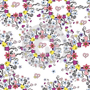 Vector pattern of delicate flowers and hearts.
