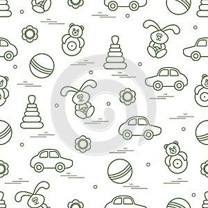 Vector pattern of different toys: car, pyramid, roly-poly, ball, hare, rattle.