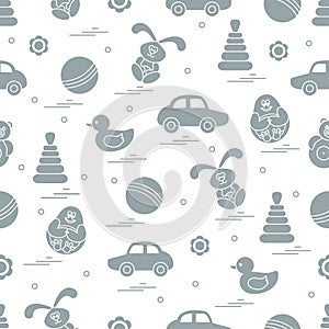 Vector pattern of different toys: car, pyramid, roly-poly, ball, hare, rattle, duck, penguin.