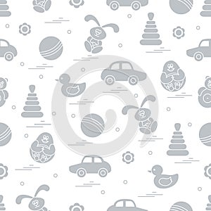 Vector pattern of different toys: car, pyramid, roly-poly, ball, hare, rattle, duck, penguin.