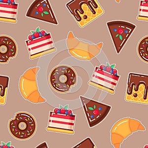 Vector pattern with donuts, cakes, waffles, croissants