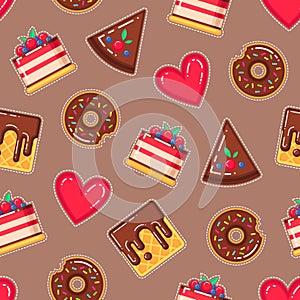Vector pattern with donuts, cakes, waffles and hearts