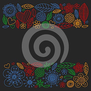 Vector pattern with doodle flowers and leaves